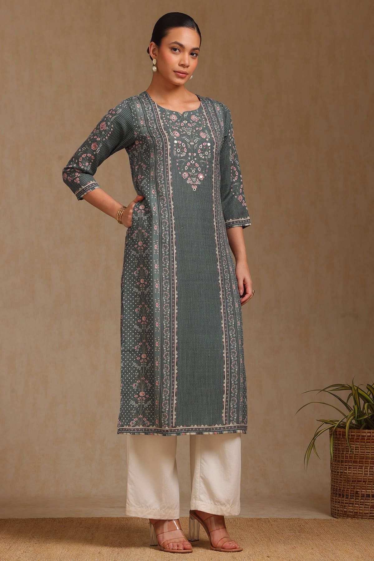 Olive Rayon Botanical Printed Kurta With Mirror Work - Image 4